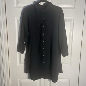 Giocam Sol Tunic Women L Black 100% Peruvian Cotton Button Up Lagenlook Roll Tab